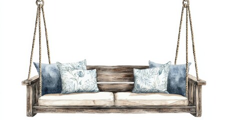 watercolor hanging wooden swing with cushions and sofa isolated on white background, vintage style