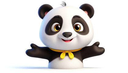 Obraz premium Adorable cartoon panda bear with a big smile and yellow bow tie isolated on white background.