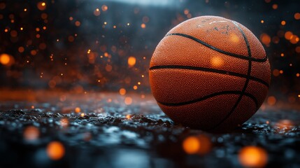 High-Energy Close-up of a Wet Basketball on a Rain-Soaked Court with Vibrant Lighting and Dynamic Water Droplets, Emphasizing Athleticism and Intensity in Sports