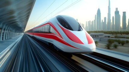 Fototapeta premium High-speed modern train in motion against the backdrop of an urban cityscape