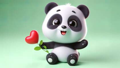 Adorable cartoon panda holding a red heart-shaped flower, sitting on a green background.