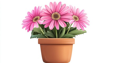 Clay pot with flower on white, digital illustration