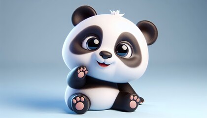 Naklejka premium Adorable cartoon panda with big eyes and a smile, sitting on a blue background.