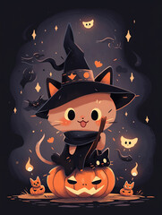  Adorable cartoon cat in a witch hat sitting on a pumpkin surrounded by little ghosts and autumn leaves in a magical Halloween setting.