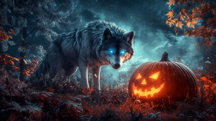 かぼちゃの隣で遠吠えする狼