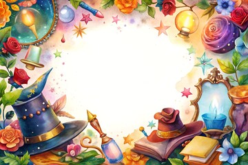 Obraz premium A colorful border from the magical atmosphere: book, pointed wizard's hat, rose, magnifying glass, blower, lantern, gems - frames a blank white center, creating a vibrant and playful scene