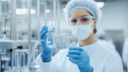 Technician conducting aseptic processing in a cleanroom for biopharmaceuticals, sterile environment, quality control