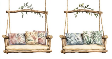 watercolor hanging wooden swing with cushions and sofa isolated on white background, vintage style