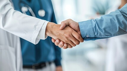 Caucasian male surgeon shaking hands with medical team for business cooperation agreement in healthcare and medicine