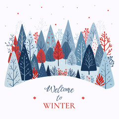 Forest postcard. Colorful and creative vector illustration of forest with text 