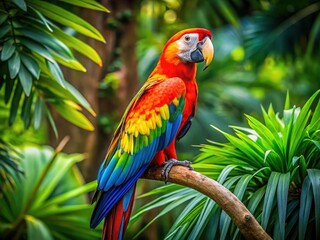 Vibrant macaw perched on branch amidst lush rainforest foliage, showcasing vibrant plumage and lively gaze, epitomizing the exotic beauty of Brazil's wildlife.