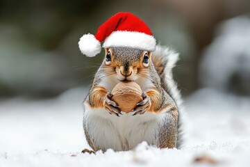 Happy Christmas squirrel holding an acorn with a tiny Santa hat