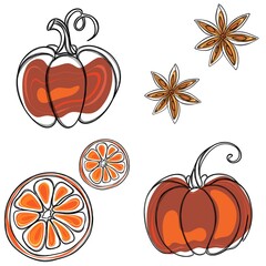 Large set of autumn stickers. Template for printing on t-shirts. Freehand sketch of autumn elements