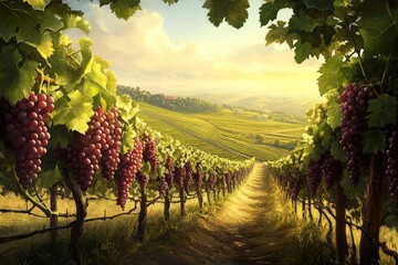 Naklejka premium Sunlight bathes a verdant vineyard row. Plump grapes, a mix of red and green, hang heavy under lush green leaves. Rolling hills and distant vines complete the scene. generative ai