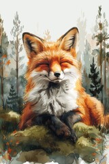 Naklejka premium A cheerful cartoon fox lies on a bed of soft moss in a watercolor forest, surrounded by tall pine trees on a white background, perfect for children's cards and summer-themed scrapbooks.
