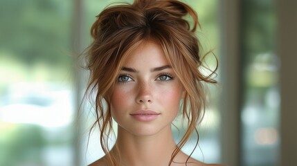 portrait of a woman. a messy bun hairstyle. The focus is on the hair arrangement against a blurred background.