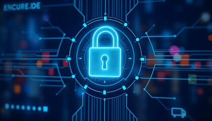 Neon padlock icon connected with digital lines anf futuristic technology. Concept of save data and network technology from hackers. 
