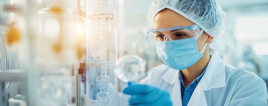 Technician using tangential flow filtration TFF for protein concentration, purification, bioprocessing