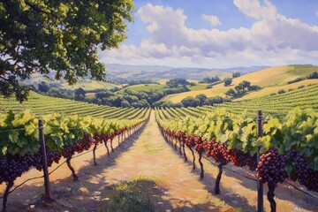 Sunlight bathes a verdant vineyard row. Plump grapes, a mix of red and green, hang heavy under lush green leaves. Rolling hills and distant vines complete the scene. generative ai