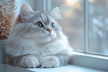 A close-up of a white fluffy cat sitting on a windowsill, looking outside with curious eyes.