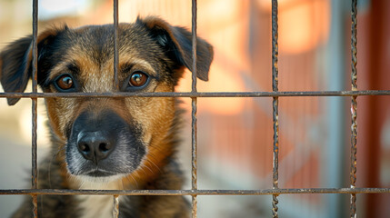 A homeless dog sits in a cage, waiting for freedom. Concept template about animal shelters, mercy and care for puppies.