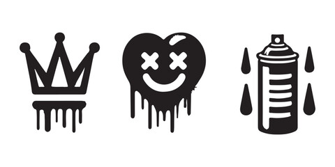 Spray-painted black graffiti with hand-drawn, grunge components that drip. Icons for a heart, crown, checkmark, and smiling are spray brush textures. Stylish urban vector image of symbols from street 
