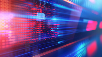 Photorealistic digital news screen with scrolling political headlines and statistics in blue and red color scheme, high-tech and dynamic blue and red backdrop