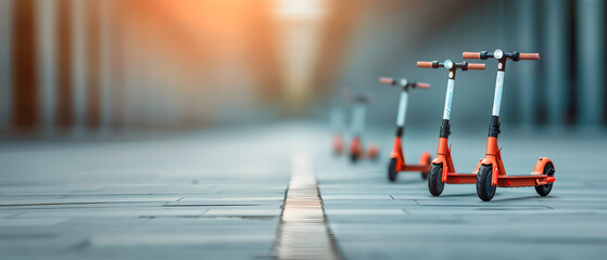 Electric Scooters Parked Neatly Along a Sidewalk | Urban Mobility and Sustainable Transport Solutions