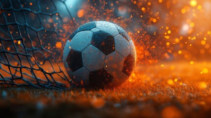 Dramatic Close-Up of a Soccer Ball Hitting the Net with Dust and Sparks Flying, Capturing the Intensity and Passion of a Game-Winning Goal