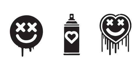 Spray-painted black graffiti with hand-drawn, grunge components that drip. Icons for a heart, crown, checkmark, and smiling are spray brush textures. Stylish urban vector image of symbols from street 