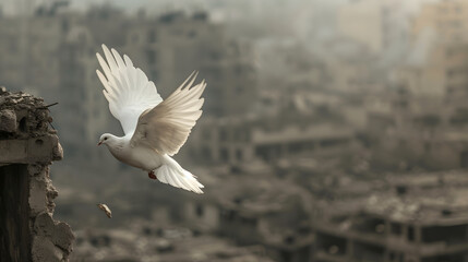 A white dove over a destroyed city, an ongoing war. Concept template with place for text about end of war, world peace