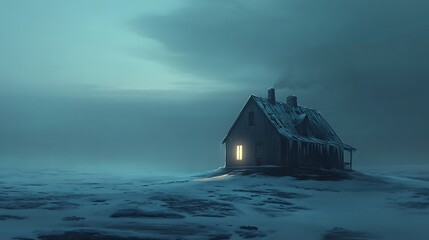 A lone cabin with a glowing window in a snowy, foggy landscape.