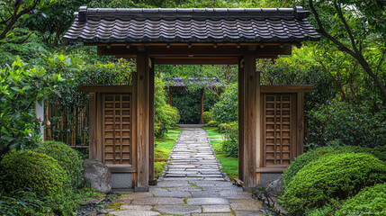 Fototapeta premium Tranquil Japanese Garden Entrance with Stone Path and Wooden Gate