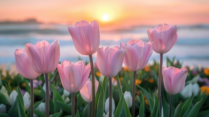 Pale pink flowers with tall green stems are sharply in focus, with the blurred backdrop suggesting a coastal area with distant waves.