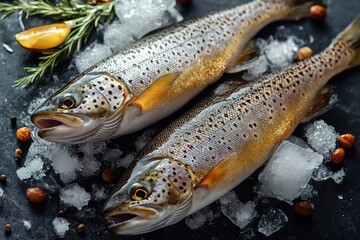 Obraz premium Two fresh brown trout on ice, ready for cooking, with lemon slices and black peppercorns.
