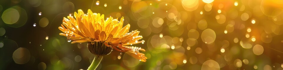 Calendula flower blossoming in the rain, glistening with sunlight and water droplets on its petals.