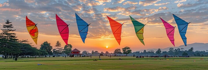 Colorful kites flying against a stunning sunset in a wide open field during the evening hours