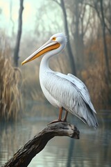 Dalmatian Pelican Bird Perched on a Branch in Nature, Realistic Photo, Wallpaper, Cover and Screen for Smartphone, Cell Phone, PC, Laptop, 9:16 and 16:9 Format