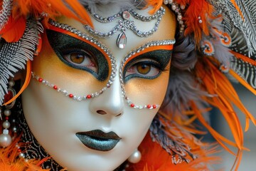 A close up of a masked performer adorned with colorful feathers during a festive celebration