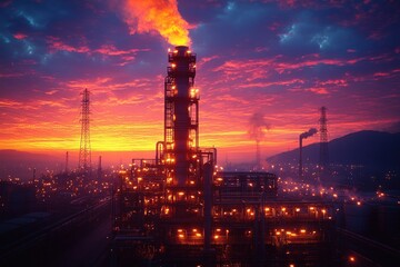 Fototapeta premium Silhouette of an industrial plant against a colorful sunset sky.