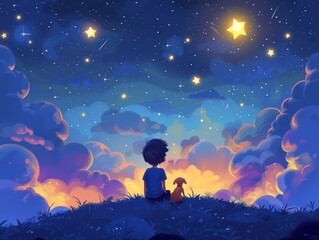 Fototapeta premium Under a starry sky with clouds and a comet, a boy and a dog sit on a hill, embraced by the moonlight and the surreal beauty of the celestial landscape.