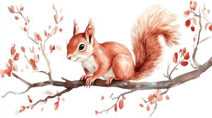 Red Squirrel on Branch with Watercolor Flowers