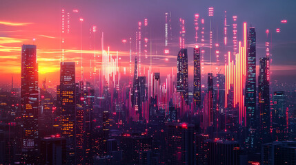 Fototapeta premium Futuristic Cityscape with Neon Lights and Skyscrapers