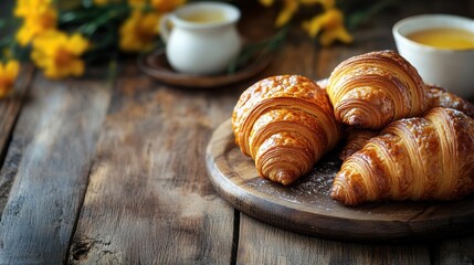 a banner featuring a breakfast concept with croissants on a wooden table in a cozy dining room, inviting and warm ambiance