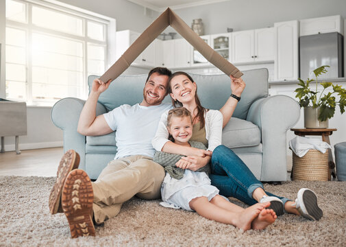 Happy family, portrait and roof with daughter for safety, security or property investment at home. Mother, father and young child or kid with smile on floor for shelter, apartment or house together