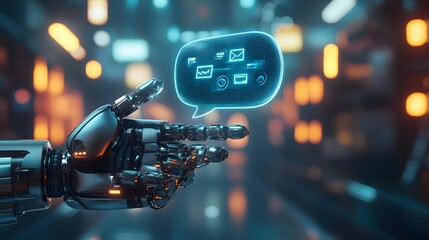 Obraz premium Robotic hand interacting with a glowing digital interface in a high-tech environment