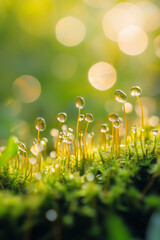Obraz premium Macro Water Drops on Moss in Sunlight. Close-up of dew on moss in sunlight, perfect for nature themes.