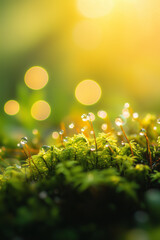 Macro Shot of Dewy Moss in Sunlight. Close-up of dew on moss with sunlight and bokeh effect.