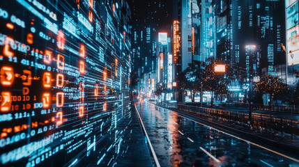 Obraz premium Cyberpunk Cityscape: Neon Lights and Wet Streets