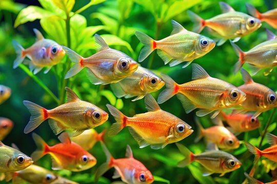 Vibrant schooling of Hyphessobrycon anisitsi fish, also known as Buenos Aires tetra, swim together in unison amidst lush green aquatic plants in a serene freshwater aquarium environment.